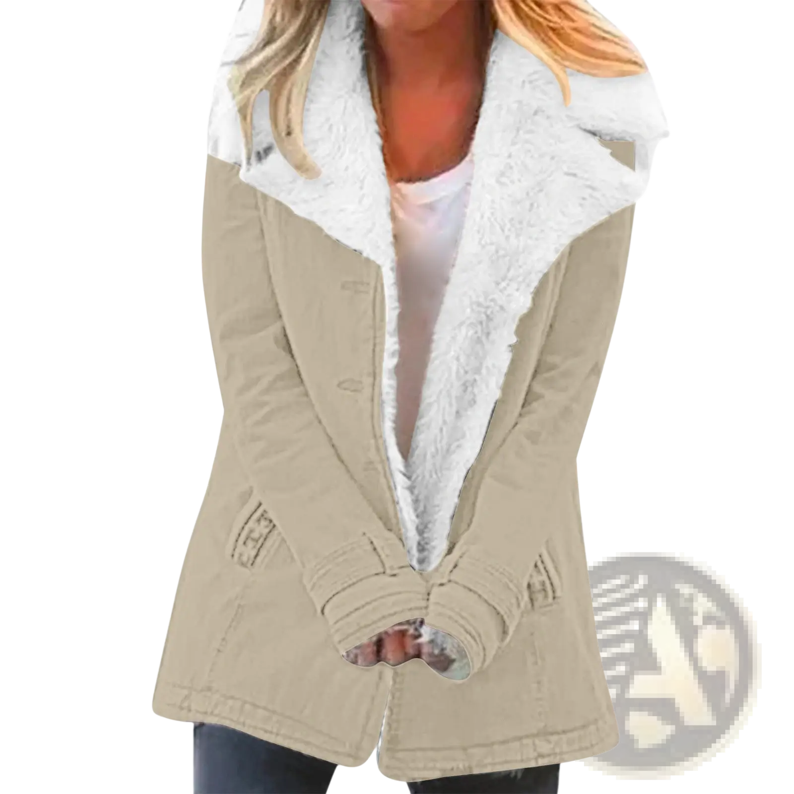 Beige women fleece cotton padded jacket with plush white faux fur collar and front button closure winter coat