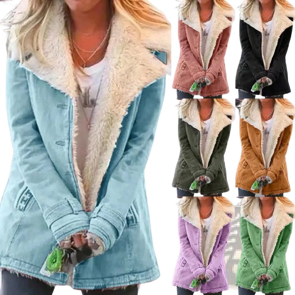 Women fleece cotton padded jacket in light blue denim with plush cream-colored shearling lining for warmth