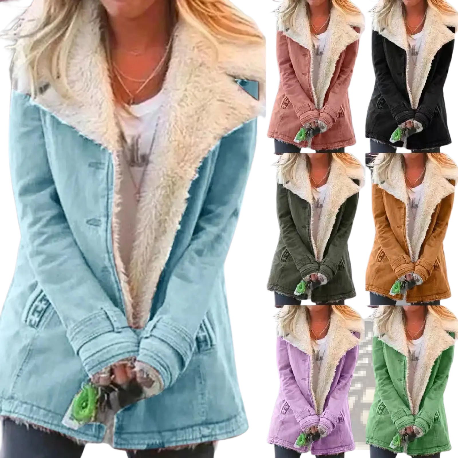 Women fleece cotton padded jacket in light blue denim with plush cream-colored shearling lining for warmth
