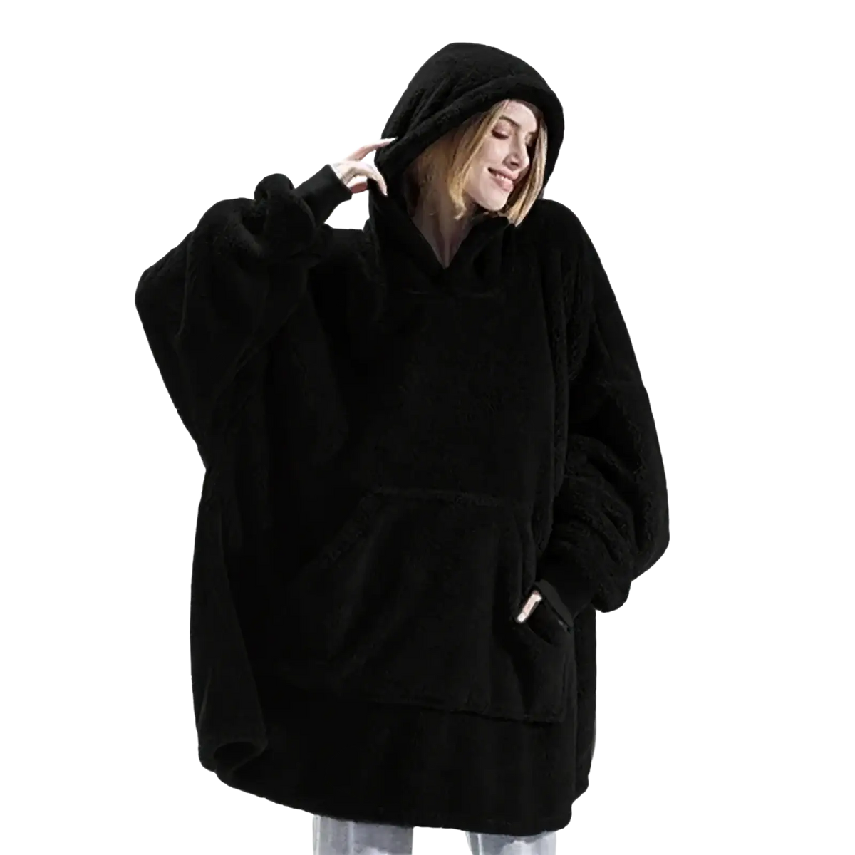 Black fleece hooded jacket with oversized sleeves and front pockets for women winter pullover