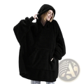 Black fleece hooded jacket with oversized sleeves and front pockets for women winter pullover