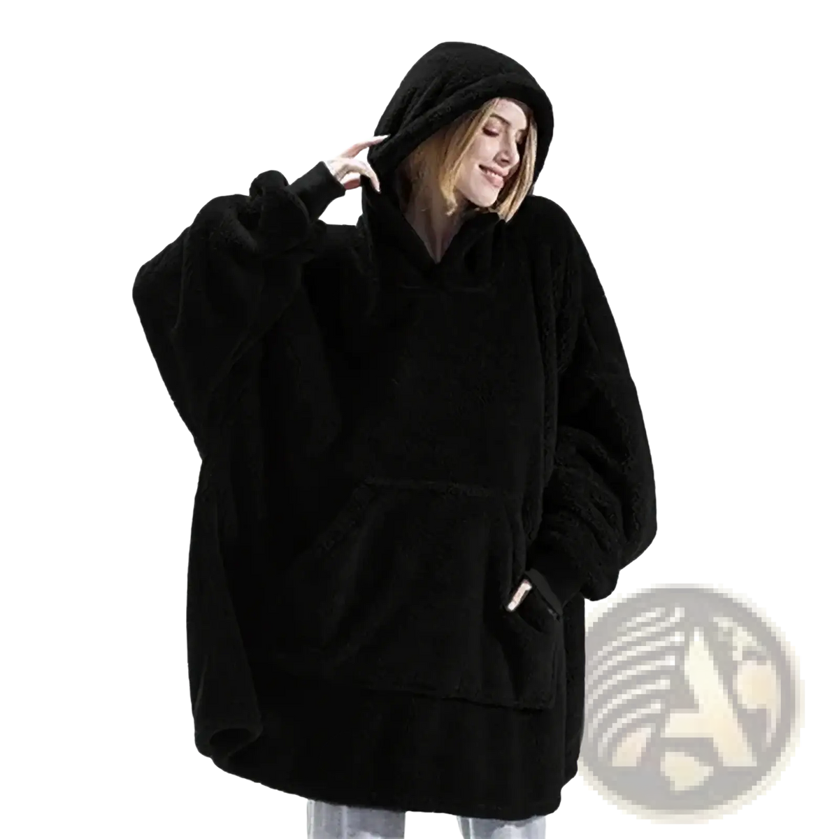 Black fleece hooded jacket with oversized sleeves and front pockets for women winter pullover