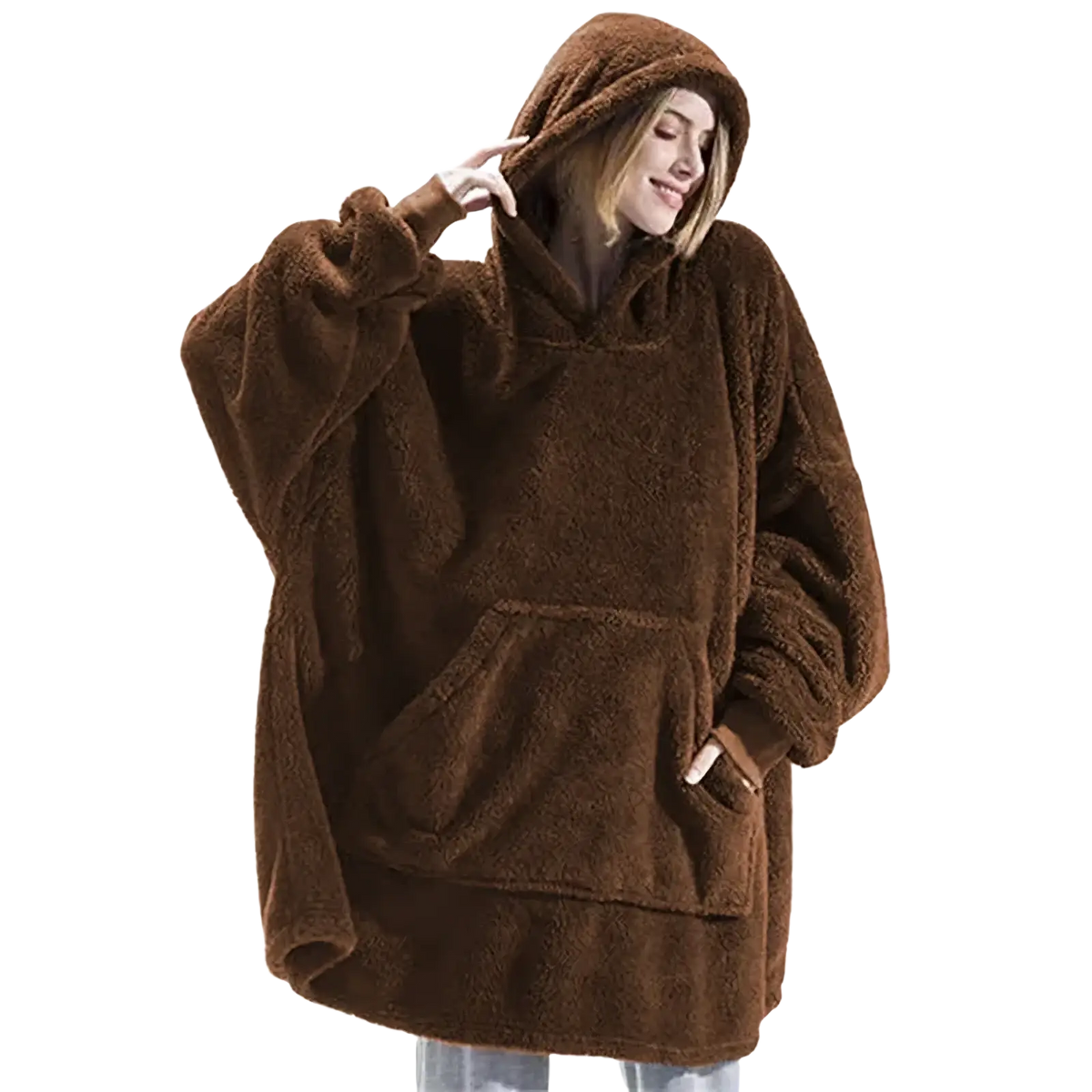 Brown women fleece hooded jacket winter pullover with plush fleece material cozy hood and front pockets