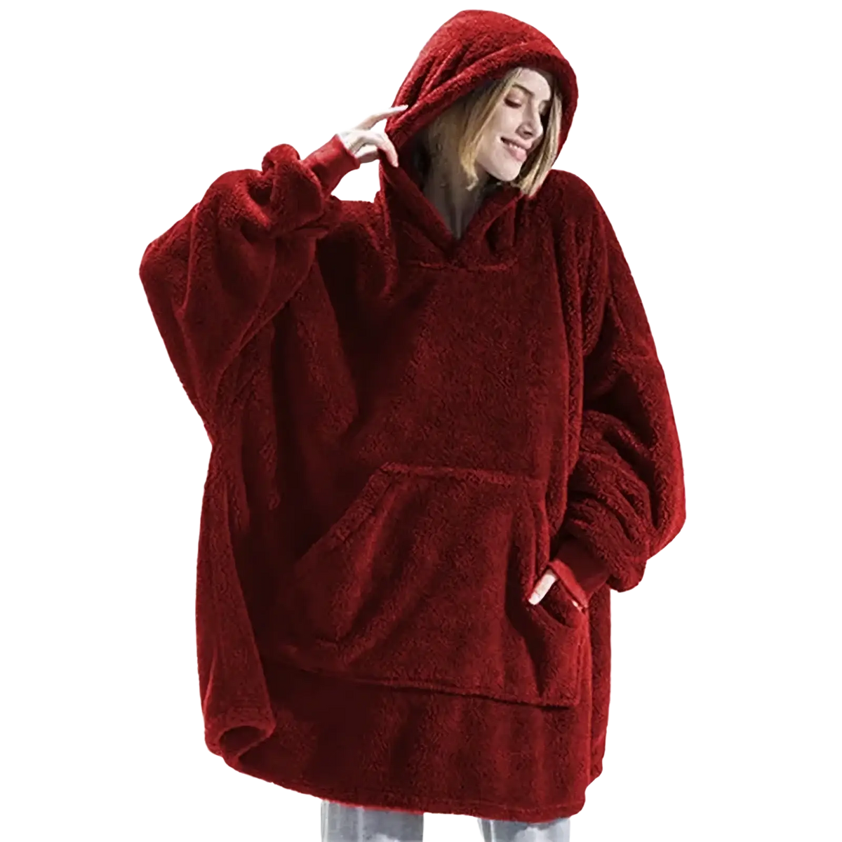 Women fleece hooded jacket winter pullover in deep red plush fabric with soft texture and front pockets