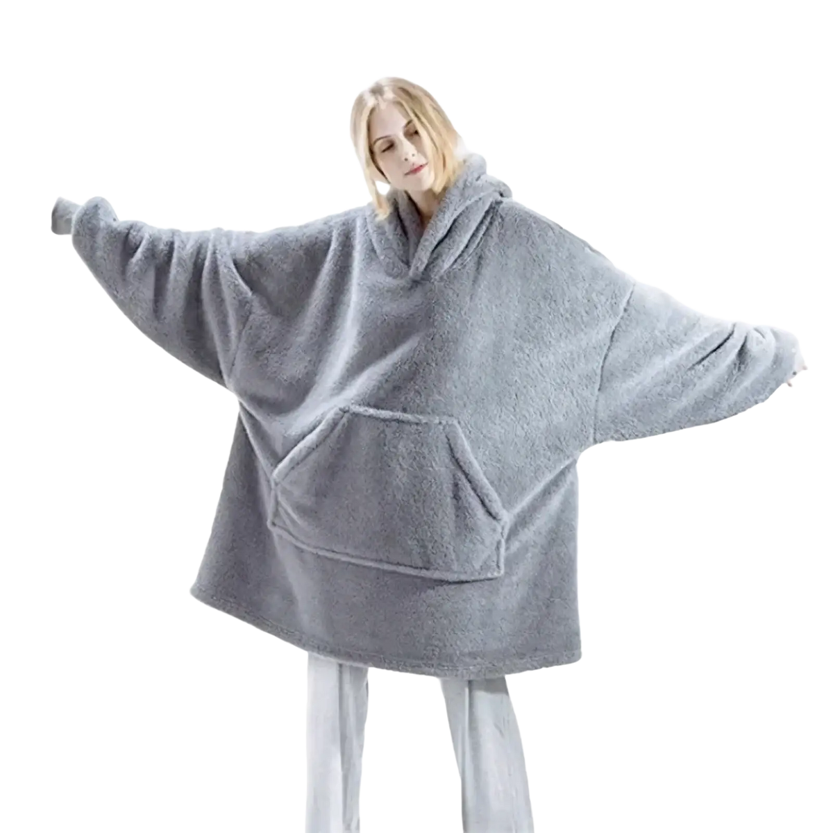 A cozy oversized gray fleece hooded jacket for women with a front pocket perfect for winter wear