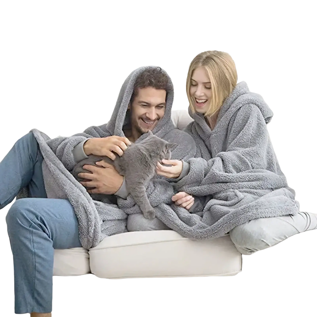 Gray plush fleece hooded robe worn by a couple on a couch for winter warmth and comfort