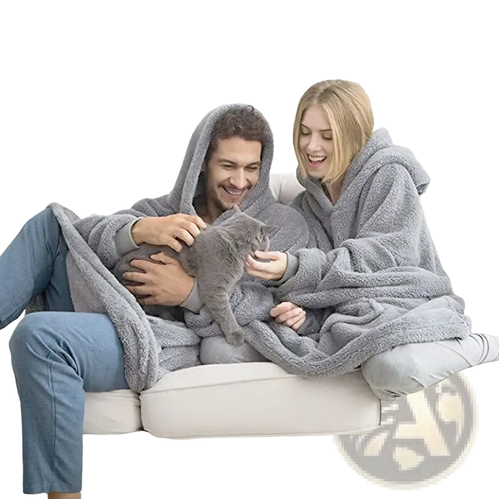 Gray plush fleece hooded robe worn by a couple on a couch for winter warmth and comfort