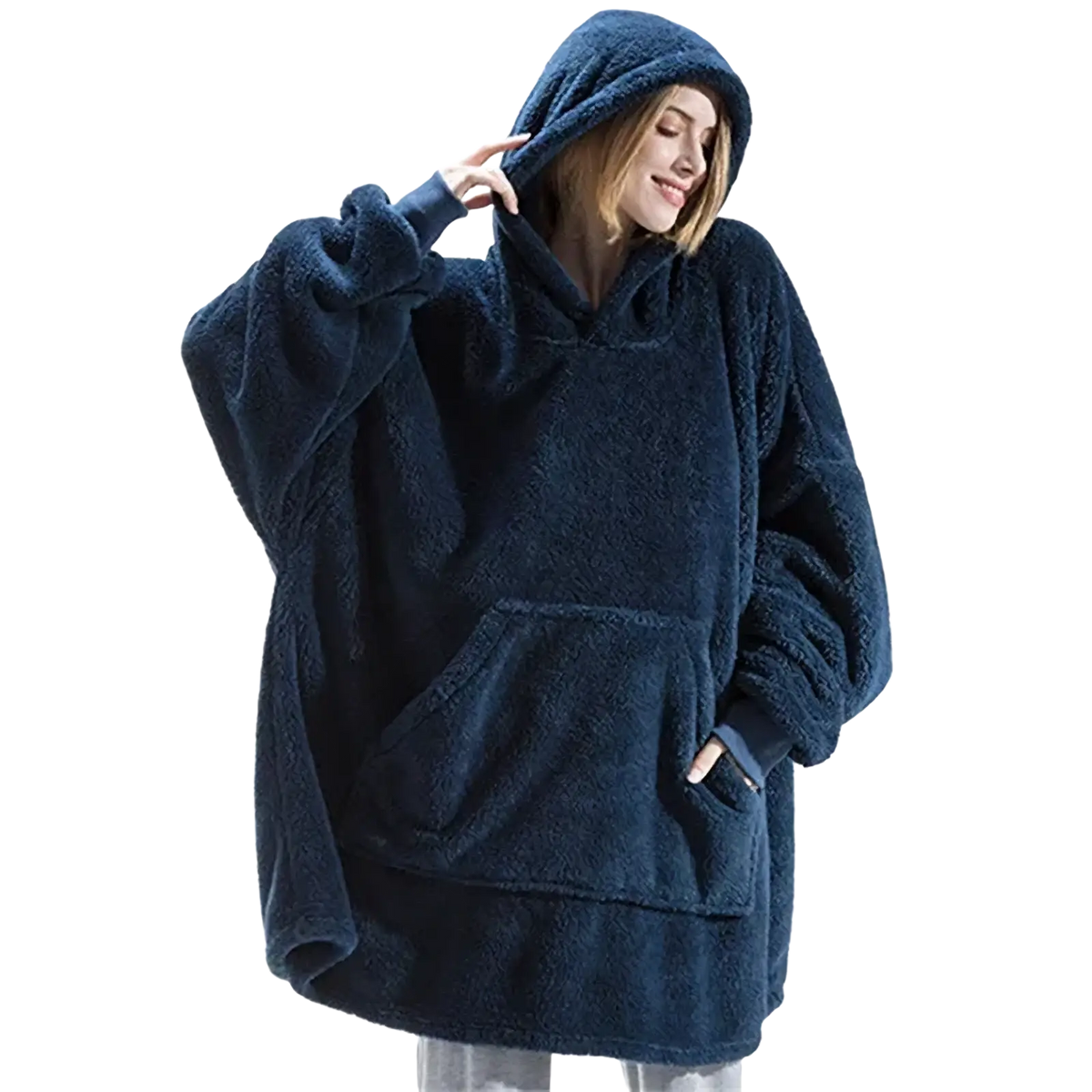 Navy blue plush fleece hooded jacket sweater for women designed for winter pullover comfort and warmth