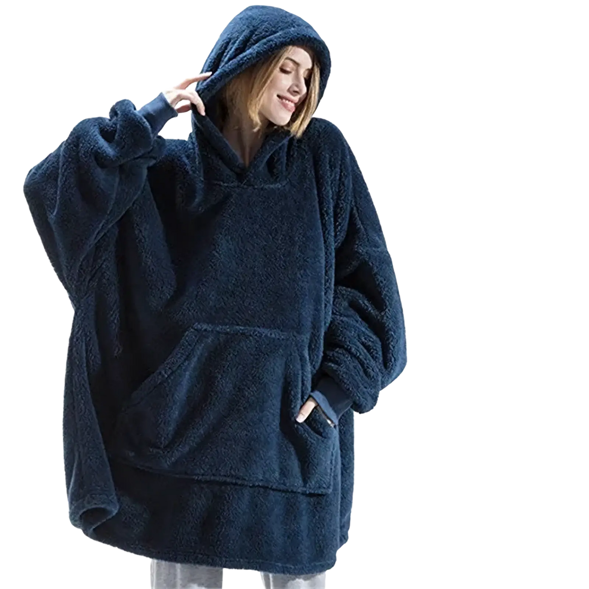 Navy blue plush fleece hooded jacket for women designed as a winter pullover with a cozy hood and soft fabric