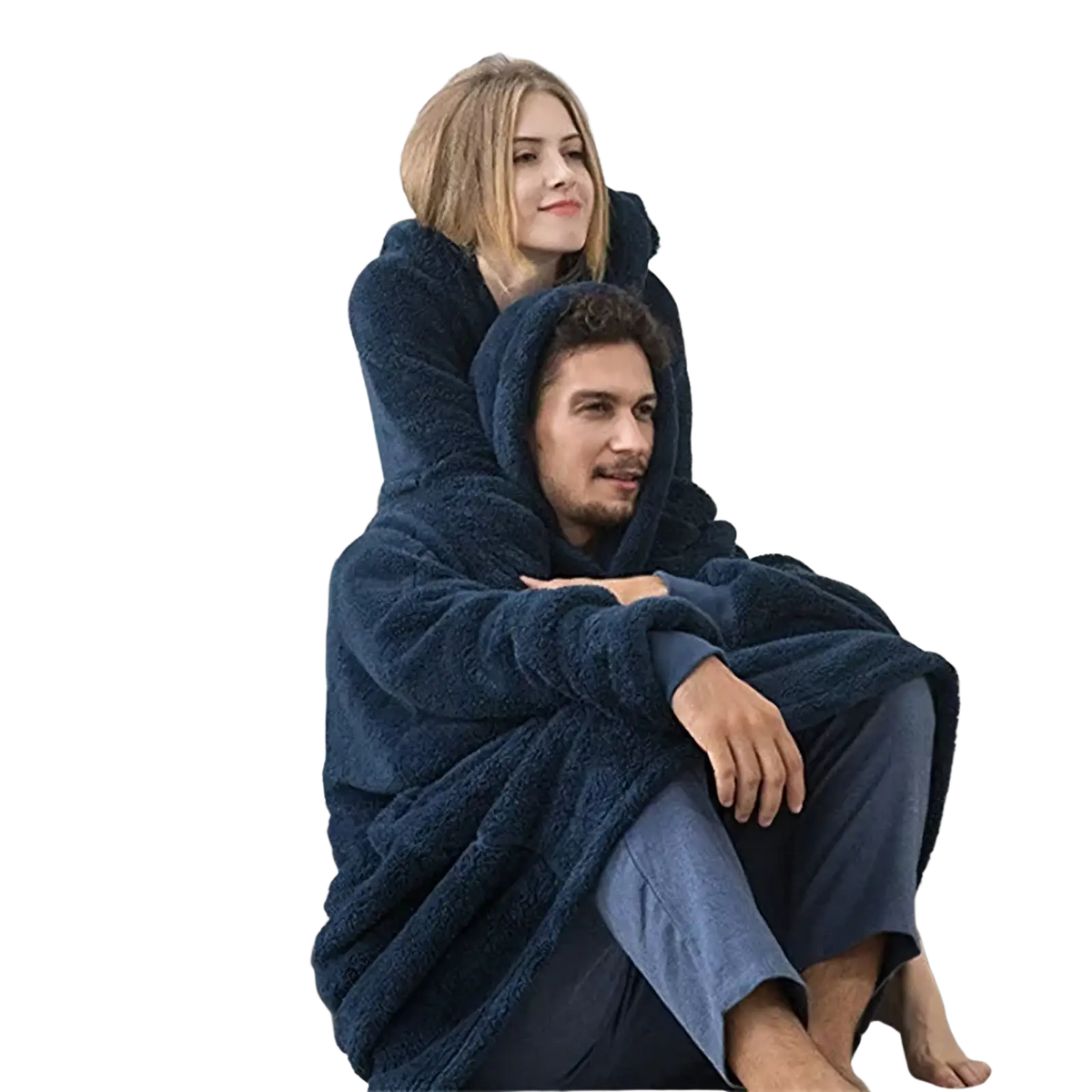 Navy blue plush fleece blanket with hood designed for two people to share in a women fleece hooded jacket winter pullover style