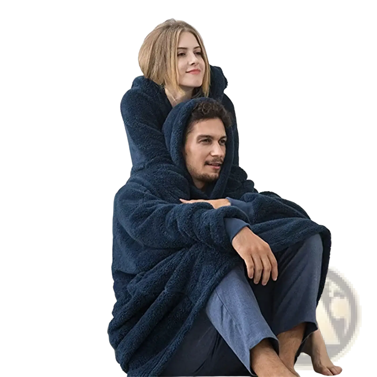 Navy blue plush fleece blanket with hood designed for two people to share in a women fleece hooded jacket winter pullover style