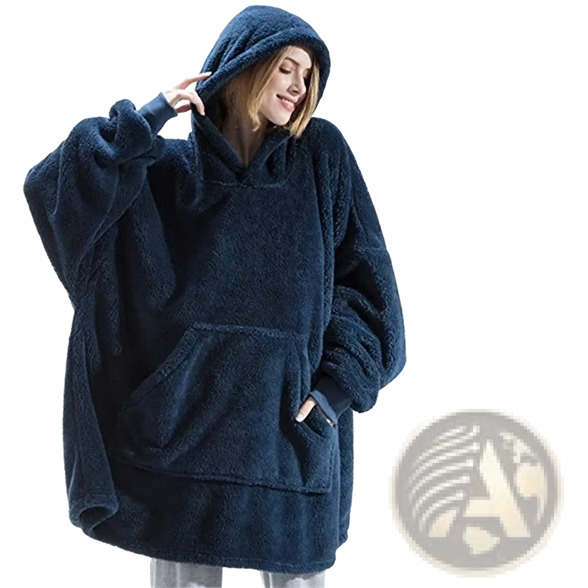Navy blue plush fleece hooded jacket for women designed as a winter pullover with a cozy hood and soft fabric