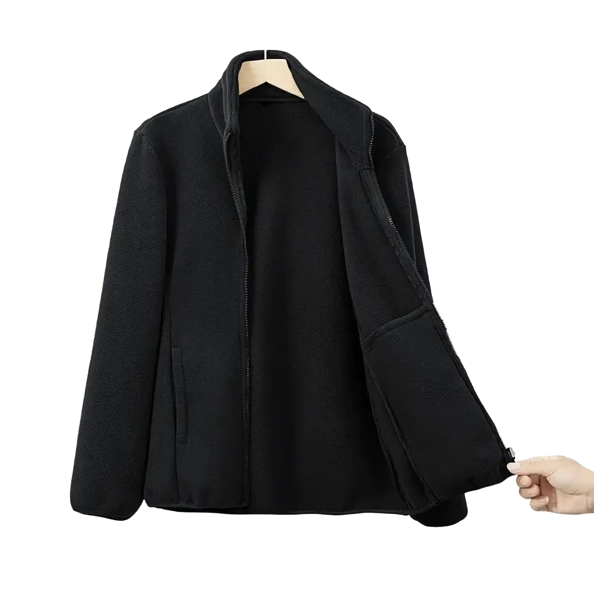 Black fleece jacket with full-length zipper and two front pockets for women thermal winter coat