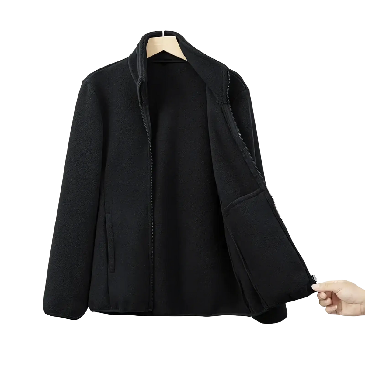 Women fleece jacket thermal winter coat in black with high collar, front zipper, and two side pockets