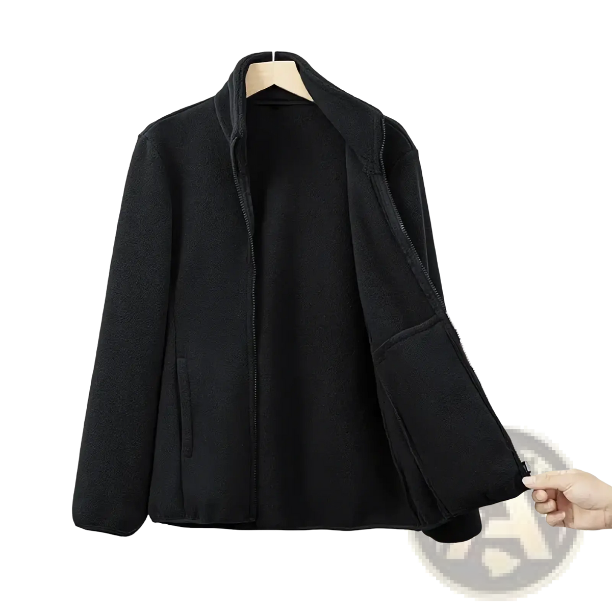 Women fleece jacket thermal winter coat in black with high collar, front zipper, and two side pockets