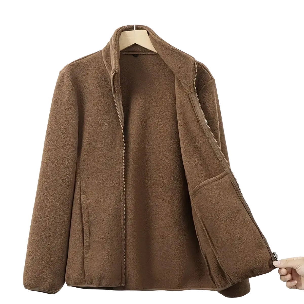 Brown women fleece jacket with full-length zipper and two side pockets thermal winter coat for cold weather