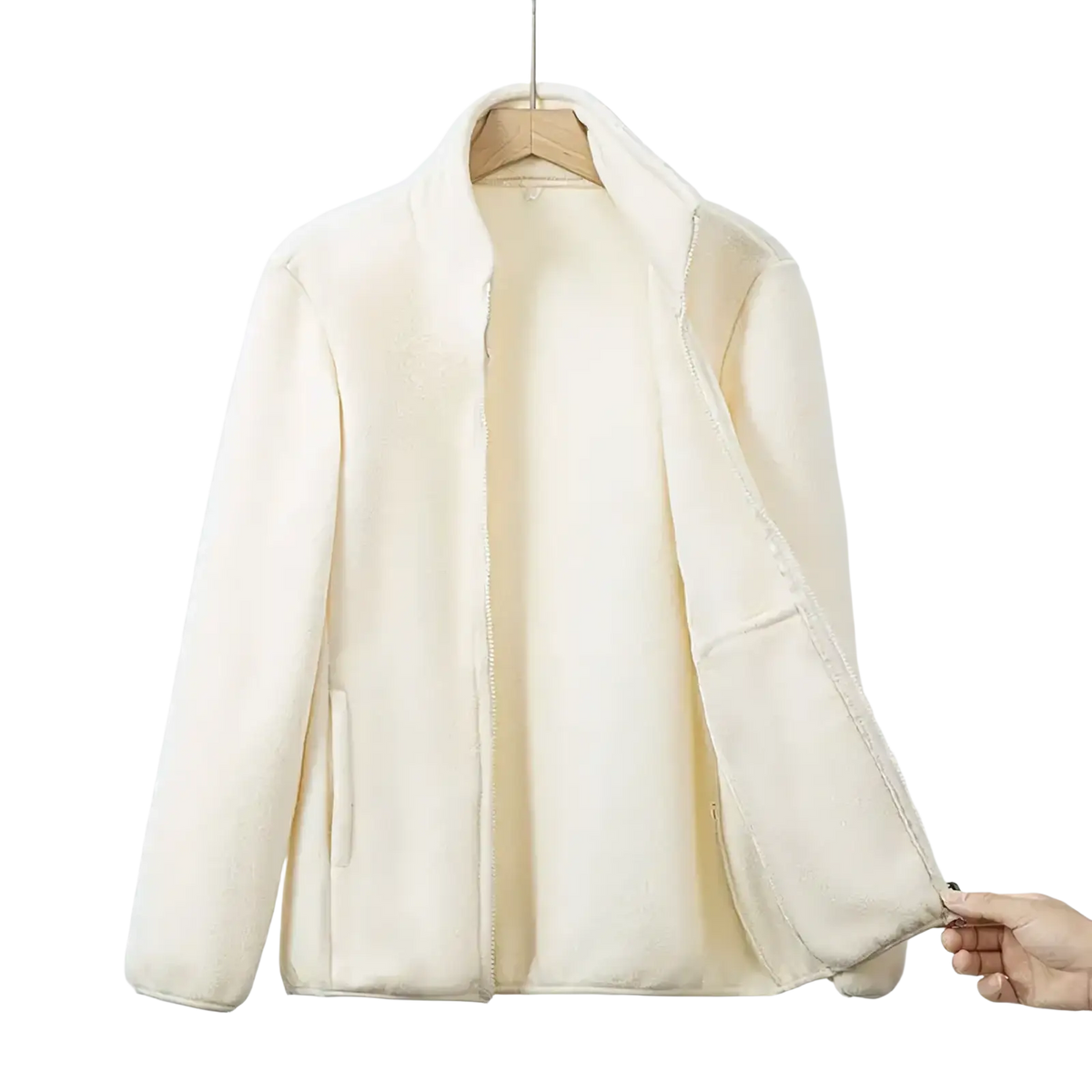 Cream-colored women fleece jacket with soft plush texture and full-length zipper designed as a thermal winter coat