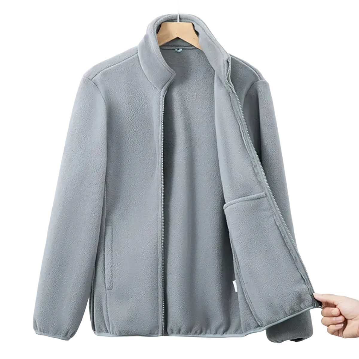 Women fleece jacket thermal winter coat in gray with full-length zipper and two front pockets made of warm fleece