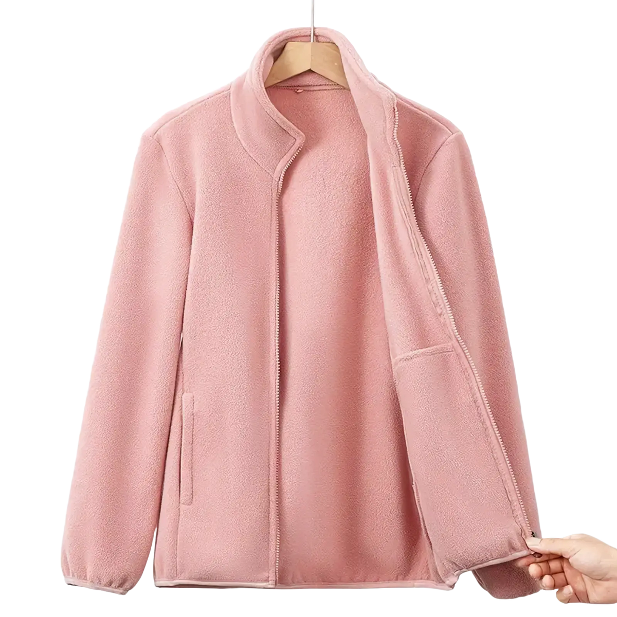 Women fleece jacket thermal winter coat soft pink fleece full-length zipper and two side pockets hanging on hanger