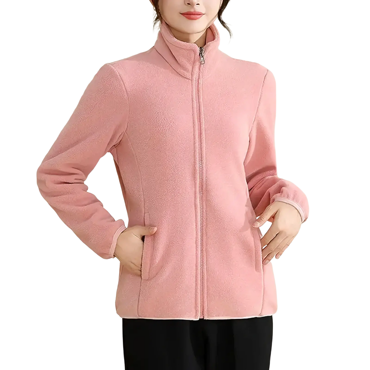 A soft pink fleece jacket with high collar and front zipper in thermal winter coat for women
