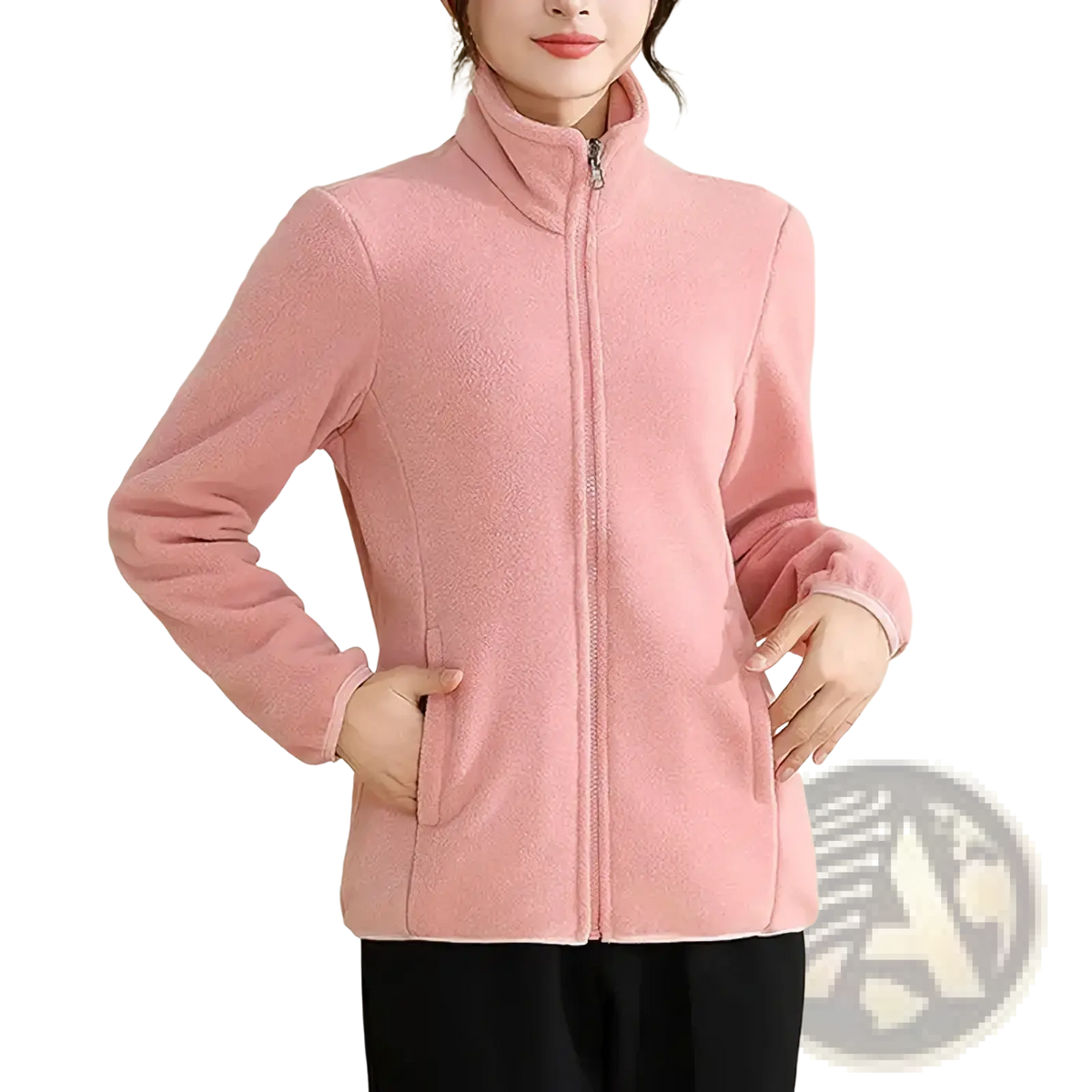 A soft pink fleece jacket with high collar and front zipper in thermal winter coat for women
