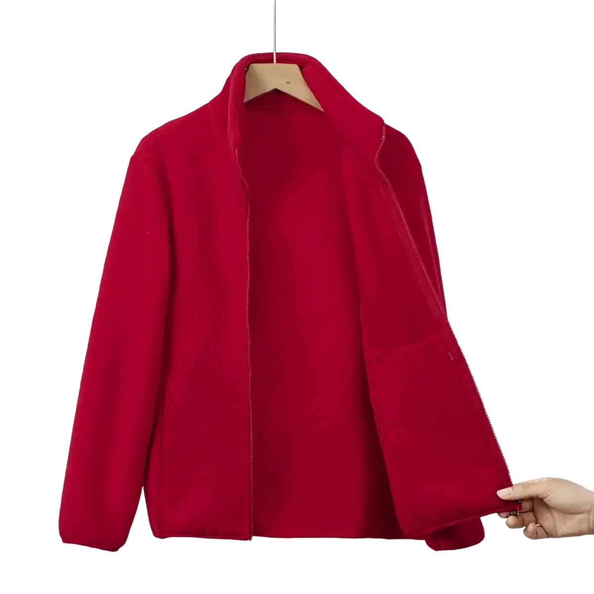 A vibrant red women’s fleece jacket with a high collar and front zipper displayed on a wooden hanger