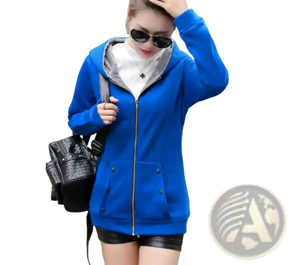 Women fleece lined hooded zipper jacket in bright blue with gray lined hood and black buttoned front pockets