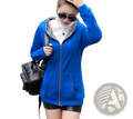 Women fleece lined hooded zipper jacket in bright blue with gray lined hood and black buttoned front pockets