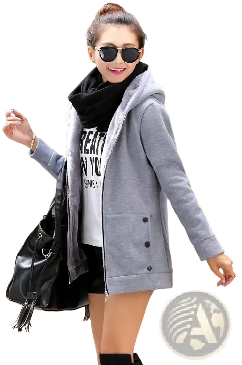 Women fleece lined hooded zipper jacket in gray with black scarf and front button closure made of fleece material