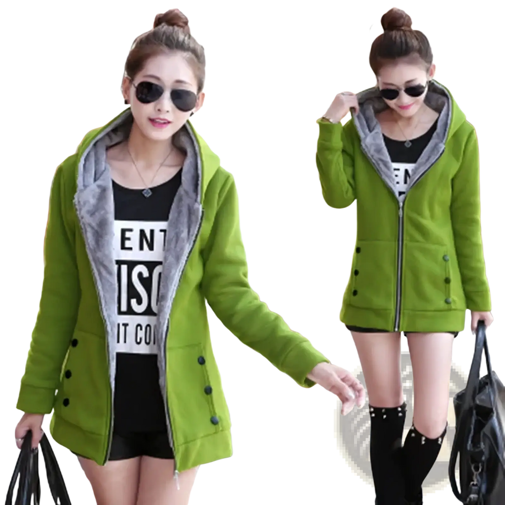 Green fleece lined hooded zipper jacket for women featuring a gray fleece lining and black buttons