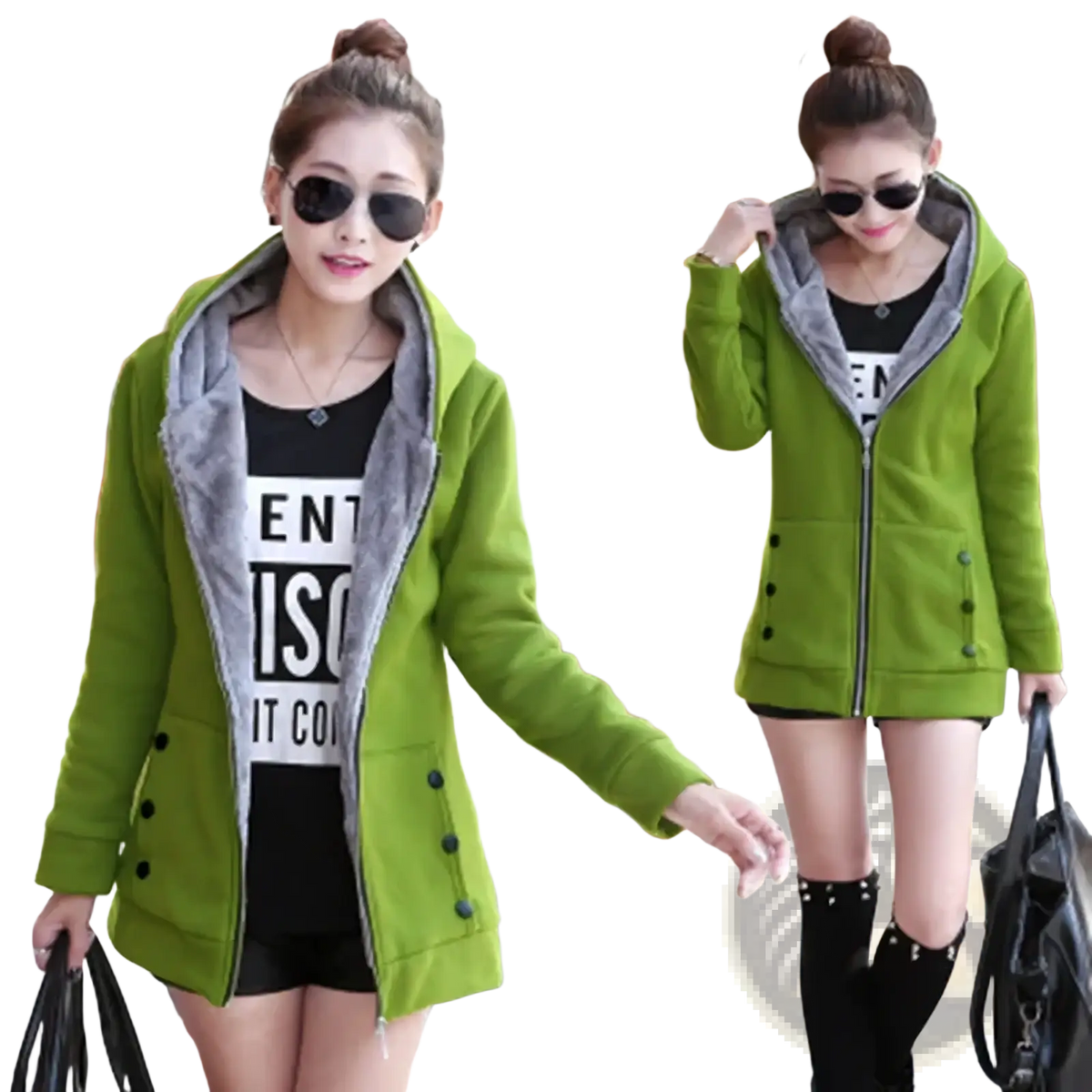 Green fleece lined hooded zipper jacket for women featuring a gray fleece lining and black buttons