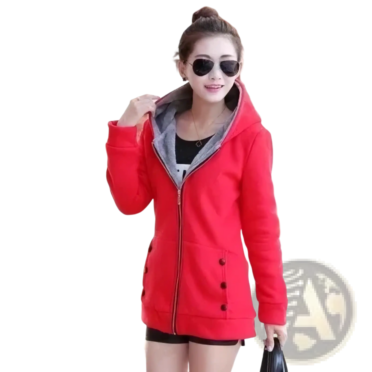 Women fleece lined hooded zipper jacket in red with gray fleece inner lining and black buttons for cold weather