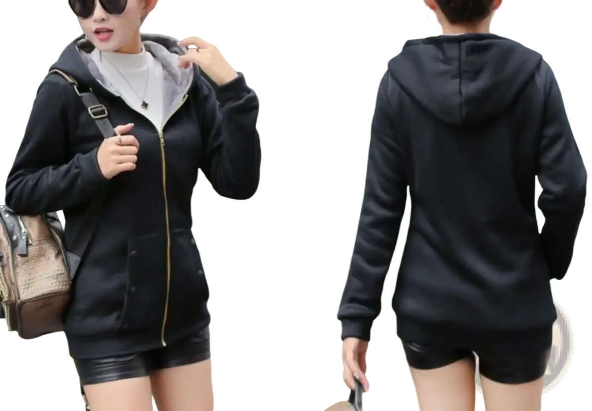Women fleece lined zip up hooded sweatshirt in black with gray fleece lining and gold zipper pull detail