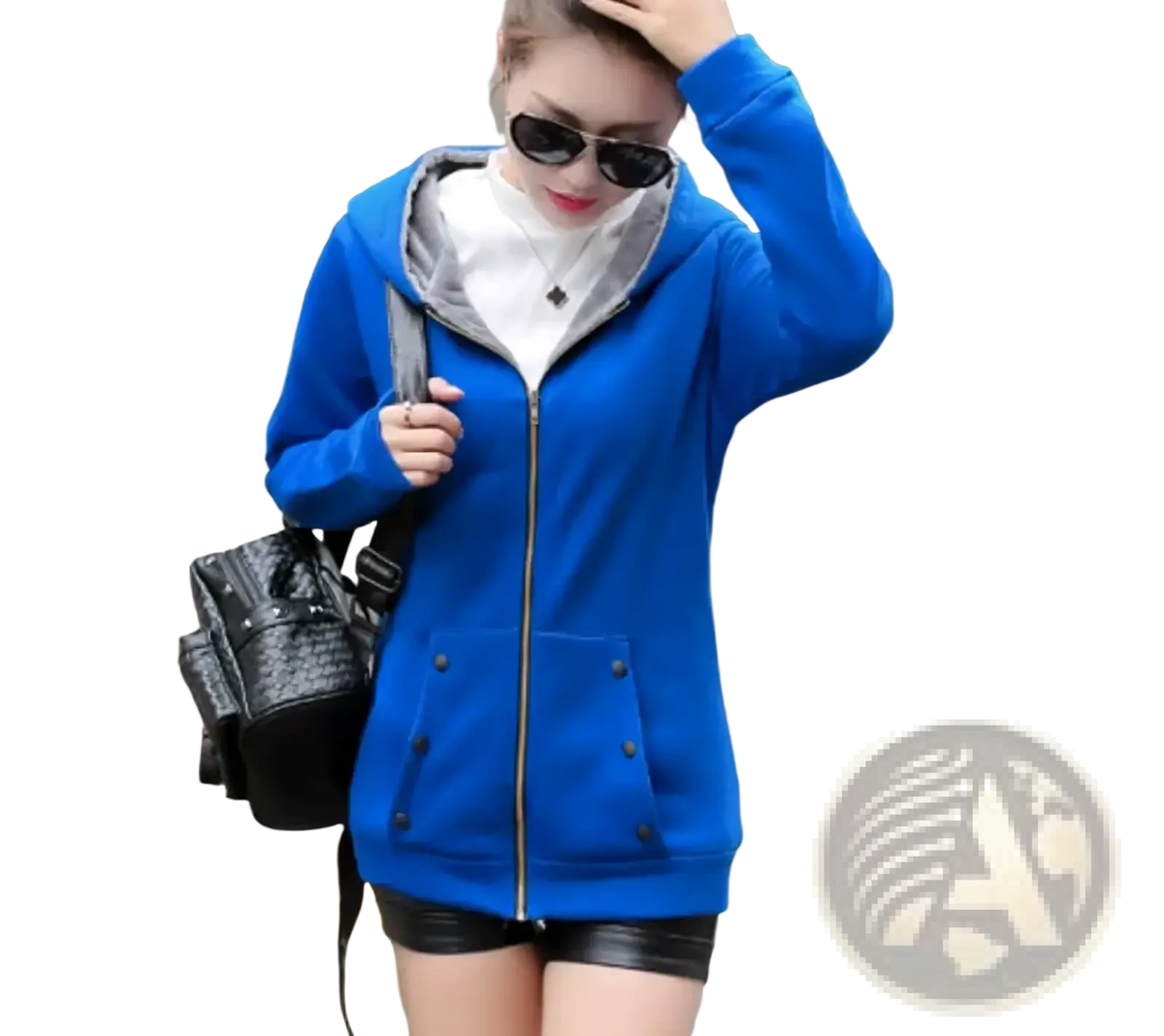 Women fleece lined zip up hooded sweatshirt in bright blue with gray-lined hood and front pockets with black buttons