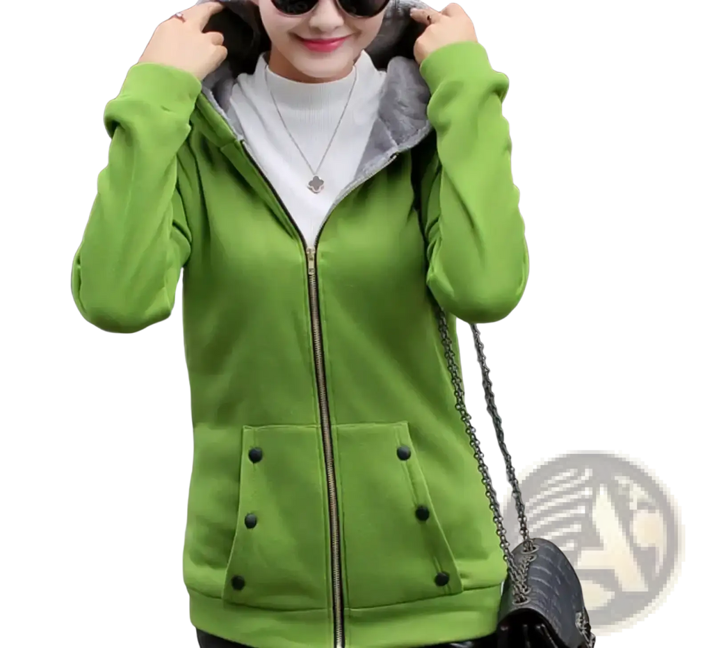 Women fleece lined zip up hooded sweatshirt in bright green with gray fleece hood lining and black buttoned front pockets