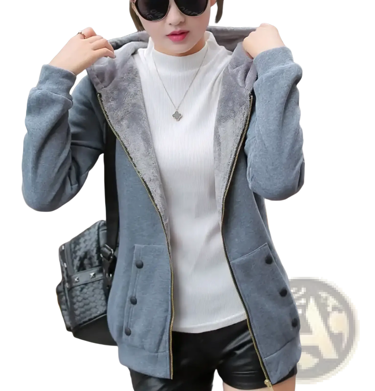 Women fleece lined zip up hooded sweatshirt in gray with fleece lining, zipper front, and buttoned pockets