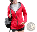 Women fleece lined zip up hooded sweatshirt in red with gray fleece hood lining and black button-secured front pockets