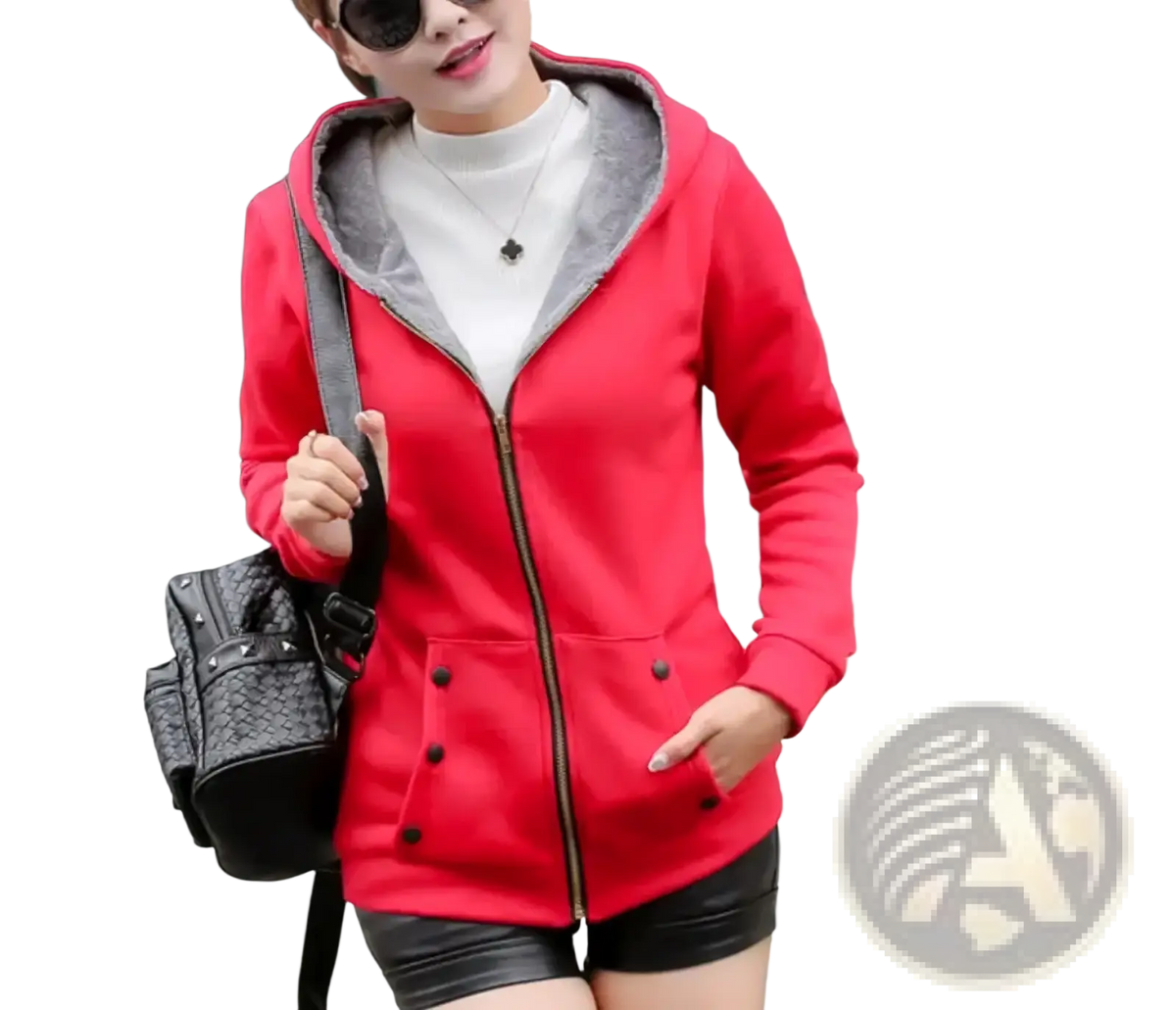 Women fleece lined zip up hooded sweatshirt in red with gray fleece hood lining and black button-secured front pockets