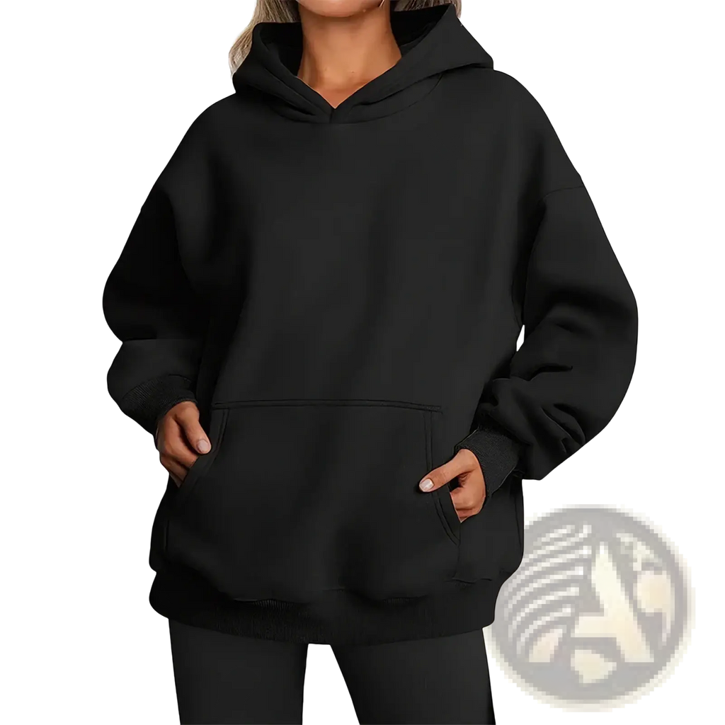 Black oversized fleece pullover hoodie for women with front pocket and drawstring hood ideal for winter wear