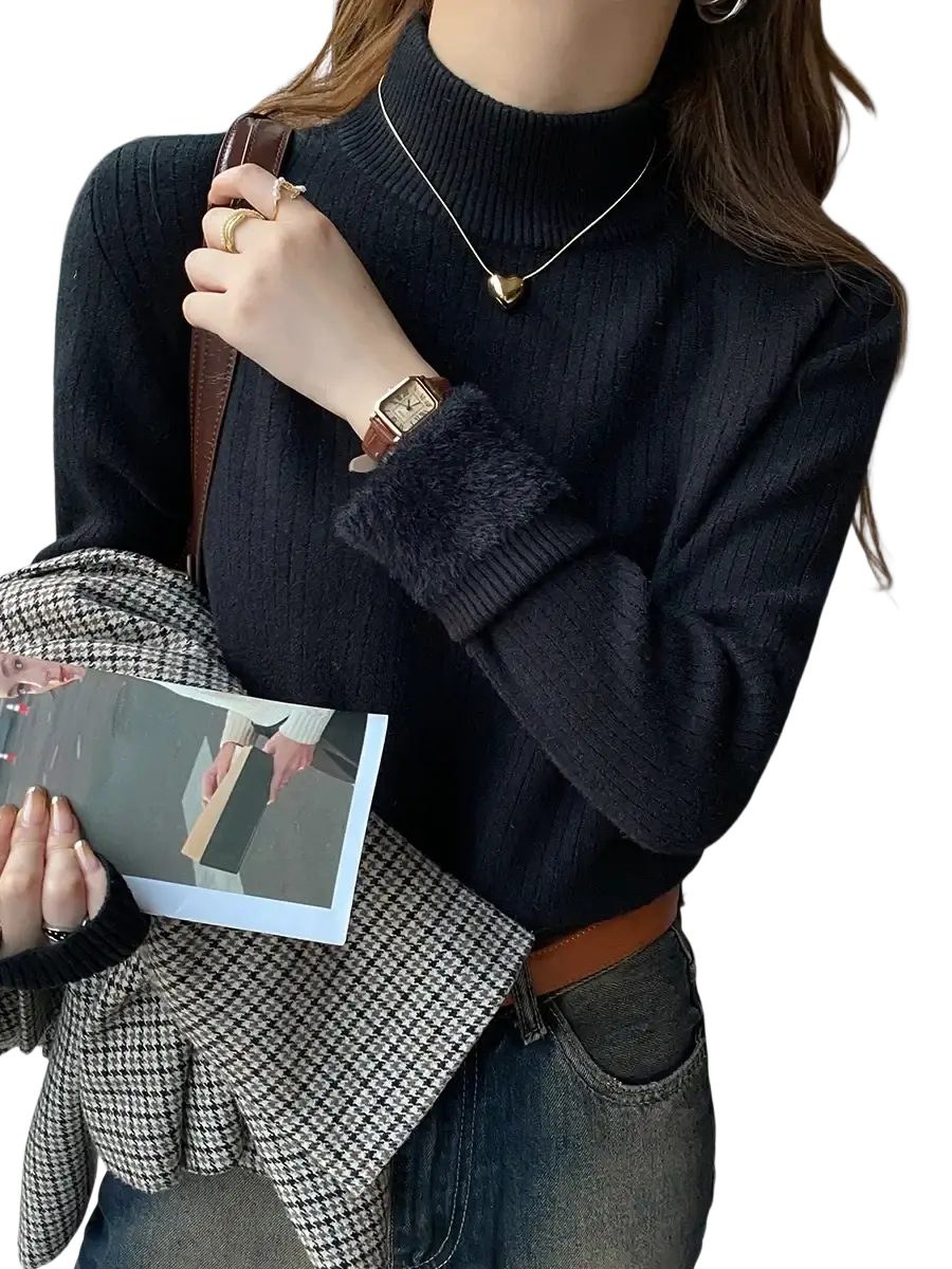 Black ribbed knit fleece turtleneck sweater with fuzzy cuffs for women in a comfortable warm design