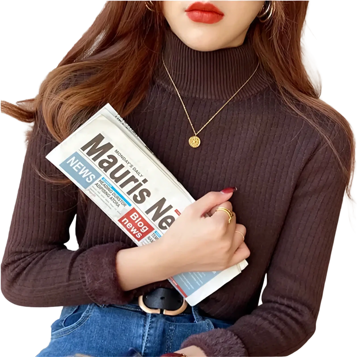 Brown fleece ribbed knit turtleneck sweater for women made of warm soft material perfect for cold weather