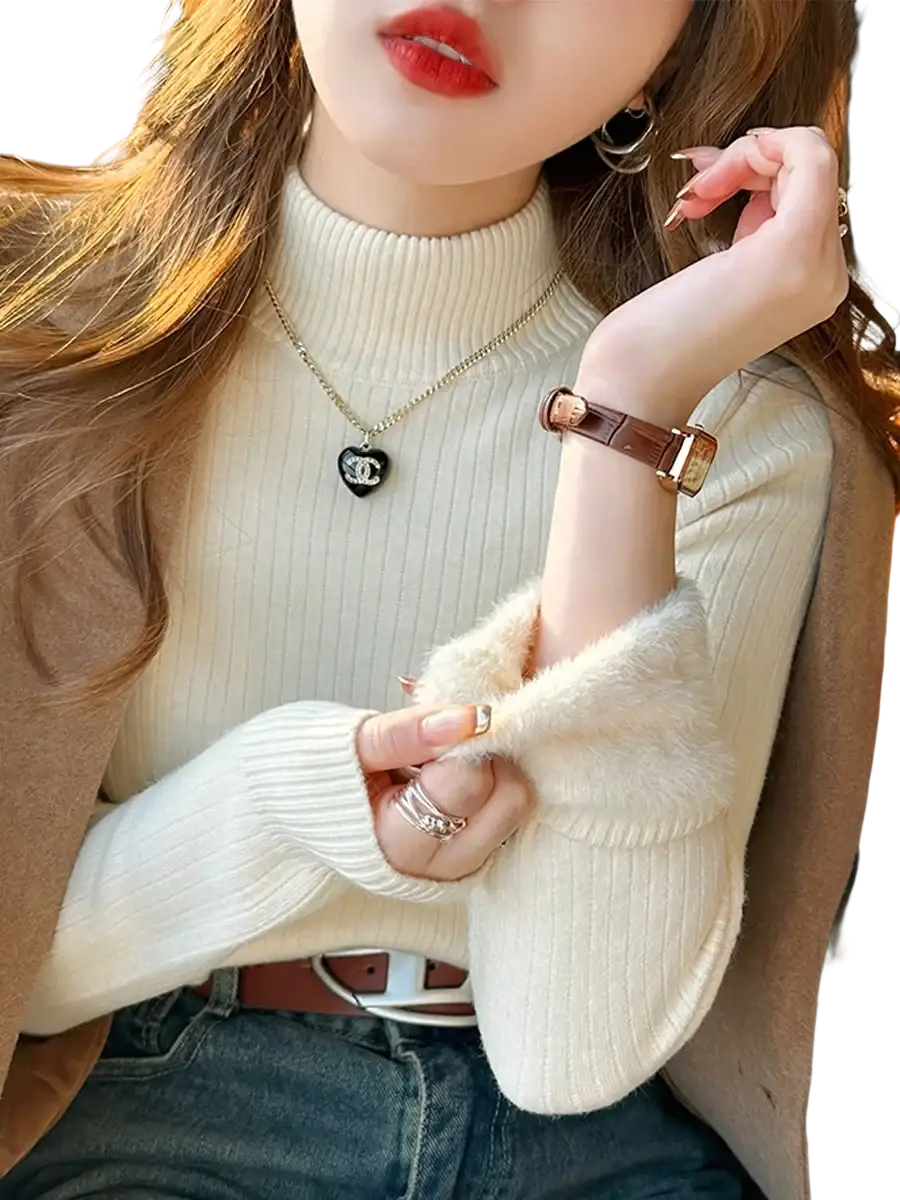 Women fleece turtleneck sweater cream ribbed knit with fluffy faux fur cuffs on the sleeves