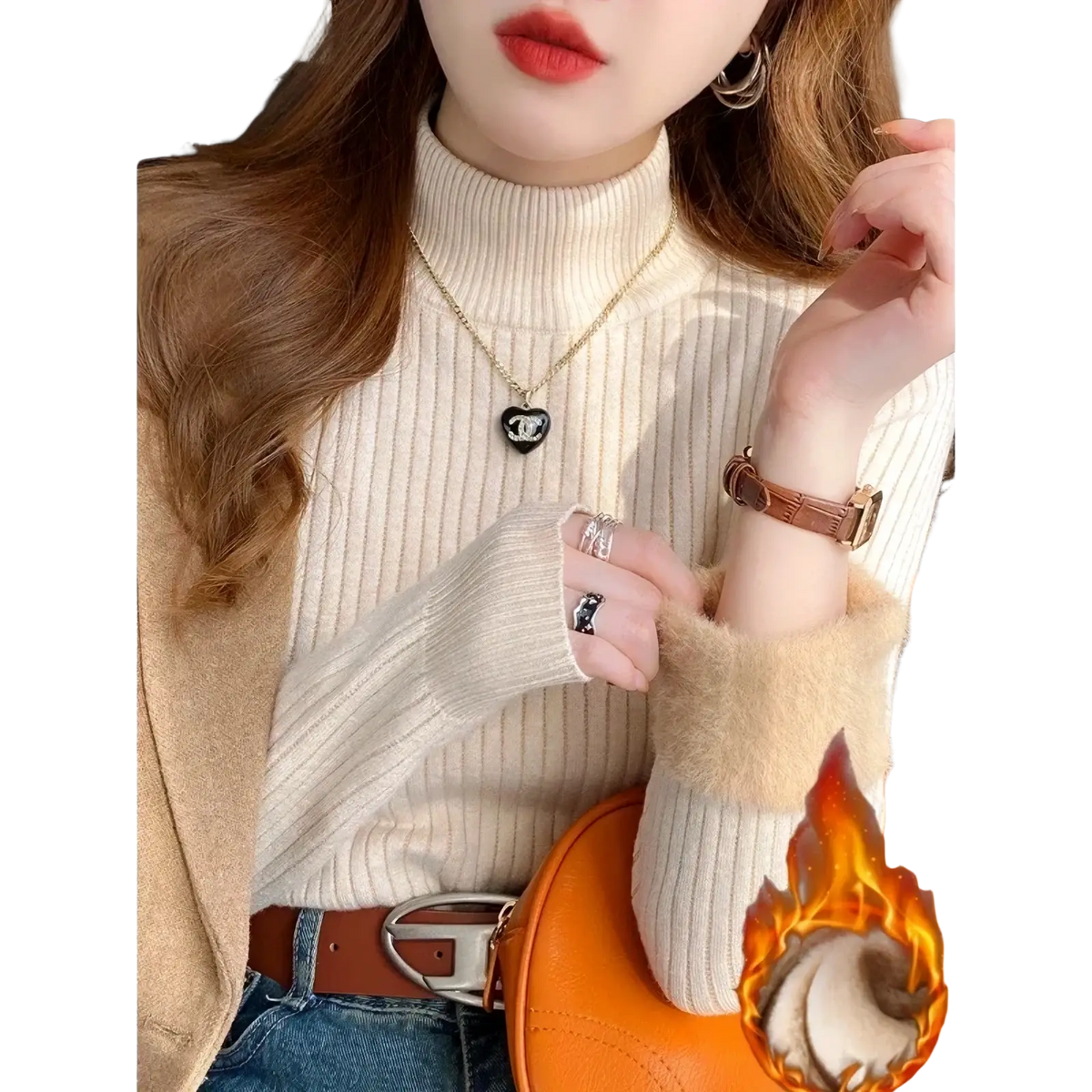 Women fleece turtleneck sweater cream ribbed knit with cream-colored faux fur cuffs in a warm knit fabric