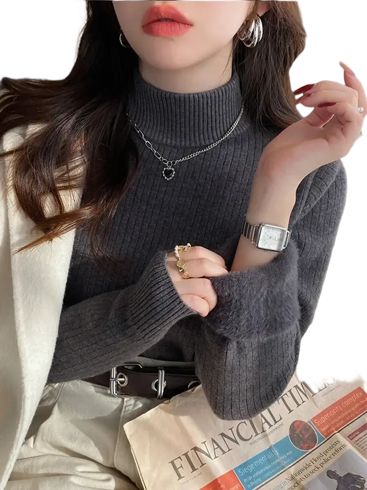 Dark gray ribbed knit turtleneck sweater made of fleece for women ideal for warmth and style