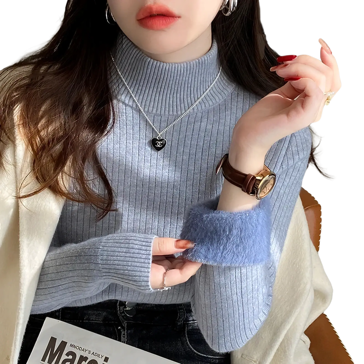 Women fleece turtleneck sweater in light blue ribbed knit with fuzzy cuffs and a high neckline for warmth and style