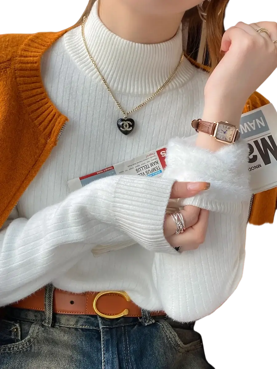Cream white fleece turtleneck sweater with ribbed knit and fluffy cuff detail for women
