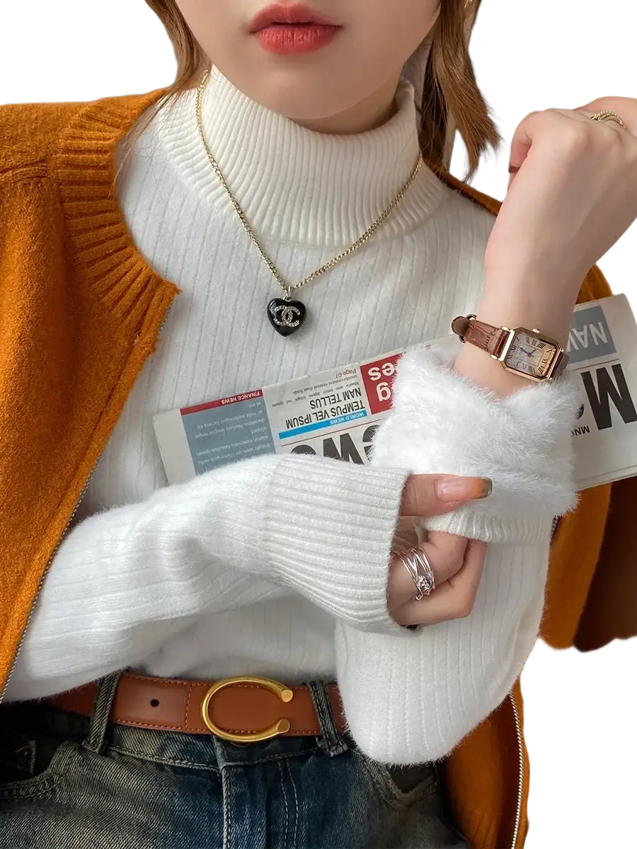 Women fleece turtleneck sweater cream ribbed knit with high neckline long sleeves and white ribbed texture