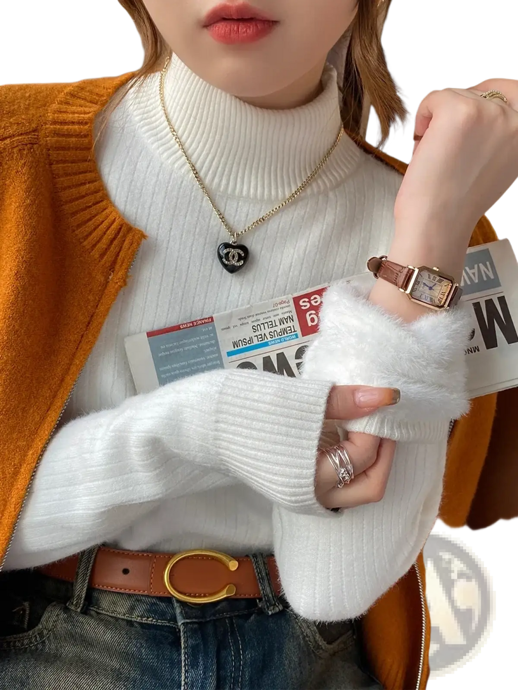 Women fleece turtleneck sweater cream ribbed knit with high neckline long sleeves and white ribbed texture