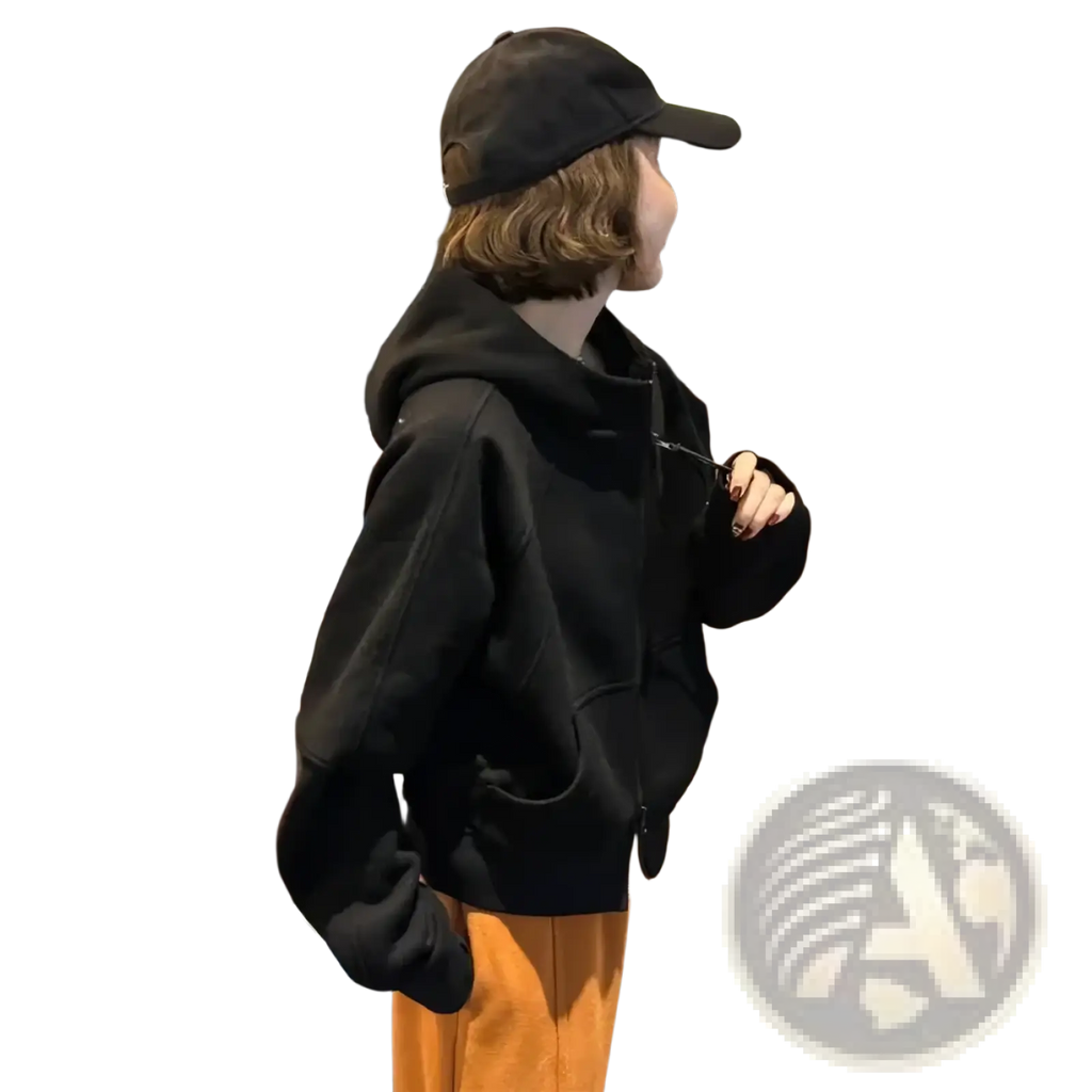 Black fleece zip up hoodie for women with a relaxed fit, front pockets, and a casual style sweatshirt