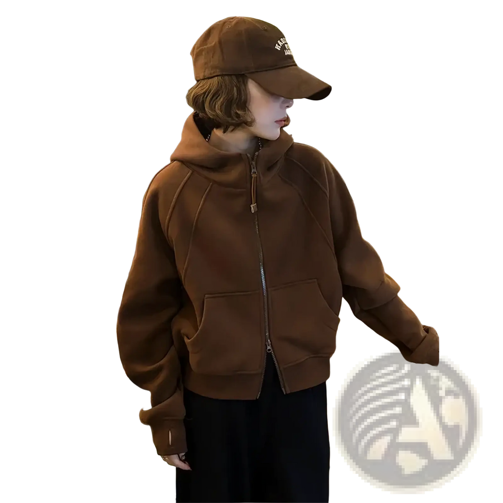 Women fleece zip up hoodie brown hooded sweatshirt with front pockets and subtle logo on the cap for casual wear